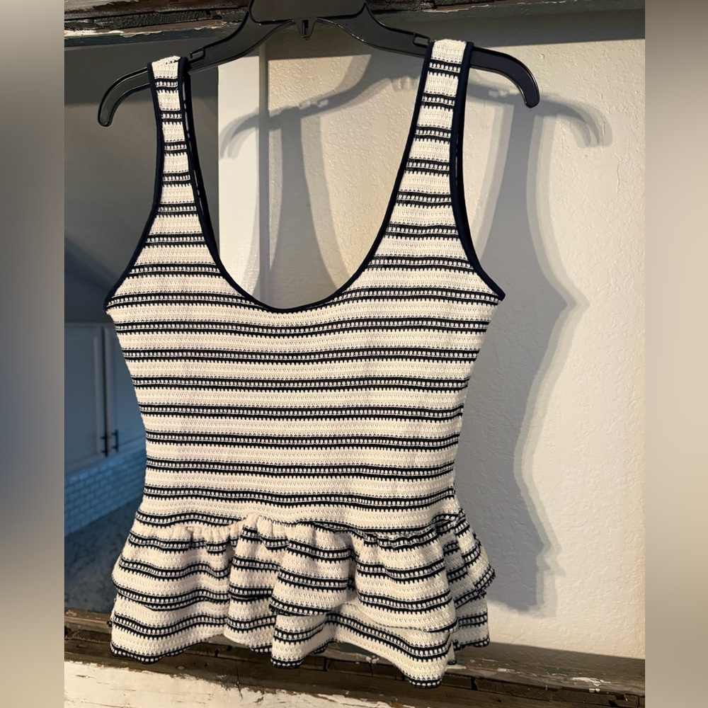 H&M Divided Vintage Inspired Boho Crochet Milk Maid Striped Ruffle Peplum - MED